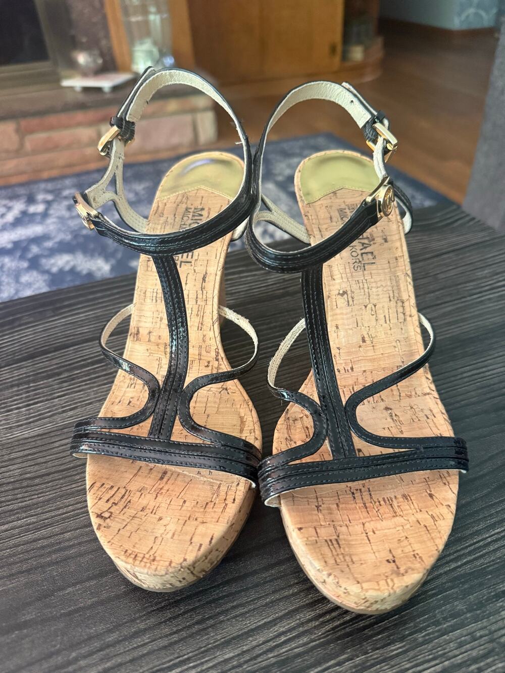 Michael Kors Cicely Wedge Black Patent Sandals 4" High Heel Sz. 9.5